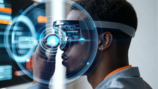 A man wearing augmented reality glasses focuses intently on a digital interface, showcasing advanced technology and innovation in a modern workspace.