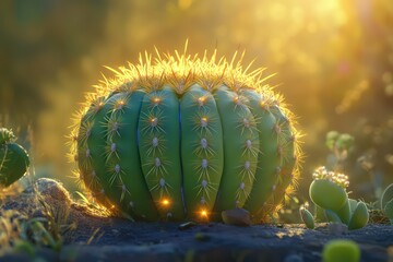 A beautifully composed image of a round, green Notocactus magnificus with golden spines, bathed in warm sunlight.