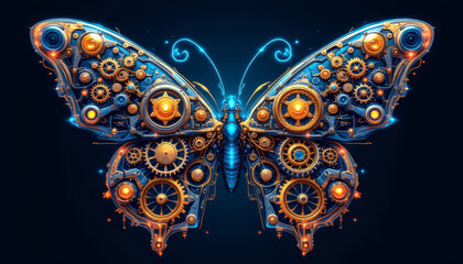 Steampunk butterfly with intricate gears against a dark background