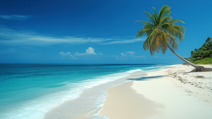 Tropical beach with white sand beach, coconut trees on beach, bright blue sky with dark blue ocean. Created with Generative AI.