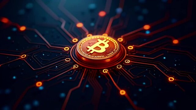 Abstract technology background with glowing lights around a cryptocurrency coin. 