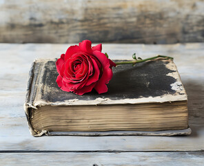 Flower and book , rose and book , red rose lies on a book with white pages, Flower and book background