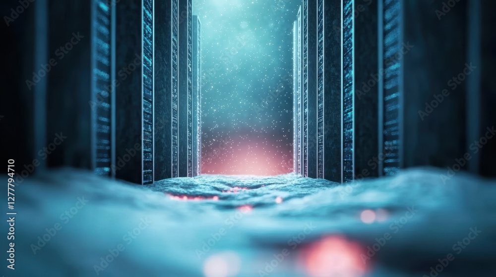 Poster a futuristic server room with rows of servers and glowing data streams, representing the infrastruct