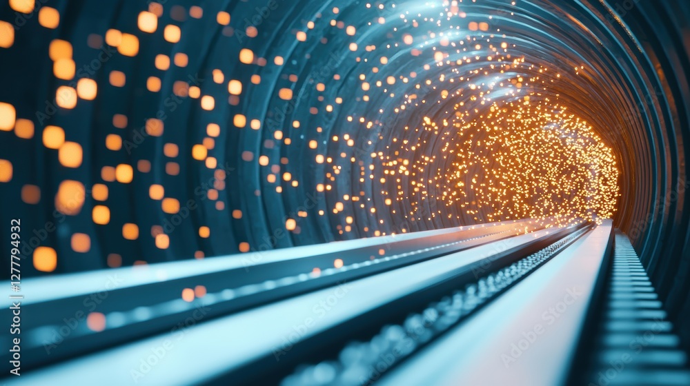 Poster a digital tunnel with encrypted data packets flowing through it, representing secure data transmissi