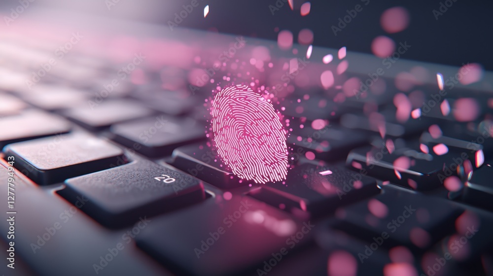 Poster a fingerprint glowing on a keyboard, signifying biometric authentication for accessing sensitive dat