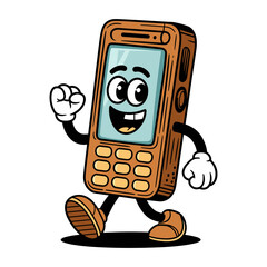 Retro cartoon character walking cheerfully, showcasing a playful design vintage mobile phone