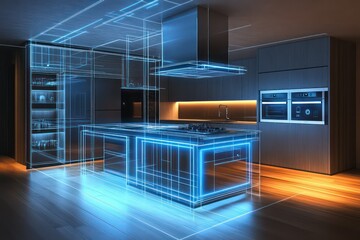 A beautifully detailed computer-generated image of an open-plan kitchen with a central island, integrated lighting, and a high-tech smart kitchen concept