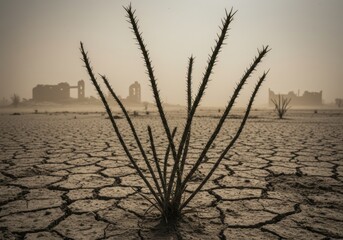 Fototapeta premium Drought-stricken landscape featuring a solitary madagascar ocotillo amidst cracked earth and abandoned structures