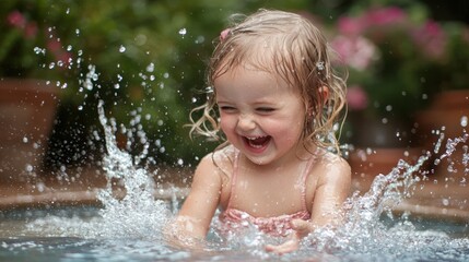 Obraz premium A little girl splashing water in a pool while laughing.