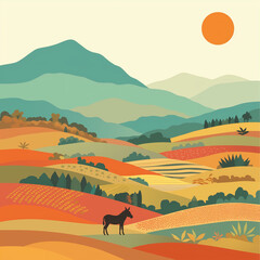 Fototapeta premium Scenic countryside landscape with a donkey under the sun.