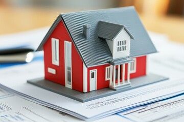 real estate investment checklist document house concept. A model house sits on papers, symbolizing real estate investment and home ownership.