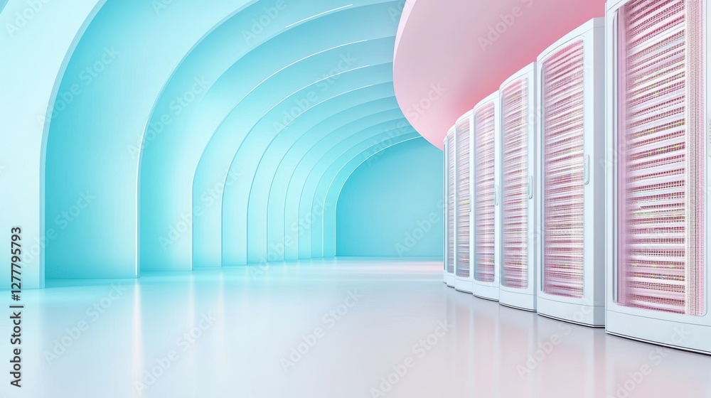Poster a futuristic data center with rows of servers and data storage units, representing the infrastructur