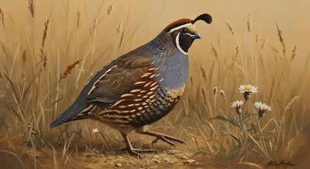 Elegant Quail Bird Walking Through Tall Grass Art Illustration