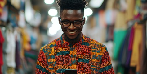 Young man enjoying mobile technology in vibrant marketplace urban environment candid lifestyle scene