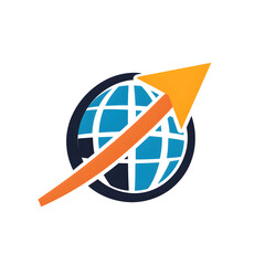 A logo with a globe and a rising arrow to represent global business expansion