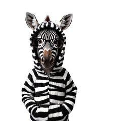 cute realitic zebra wearing oversized zebra pattern oversized hoodie and glasses without lenses looking to the camera against  white background, text space