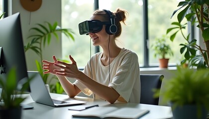 A smiling business professional gestures while using a virtual reality simulator in a modern office, engaging with immersive technology for work and innovation.
