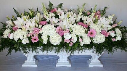Elegant white pink funeral flowers arrangement studio