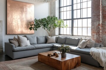A beautifully styled loft space with natural light, a stylish gray sectional, a sleek wooden coffee table, and a shimmering rose gold artwork