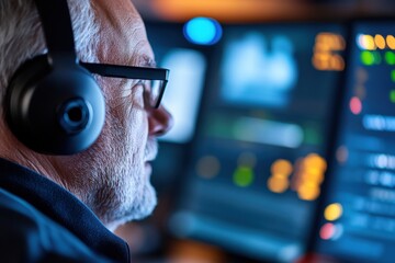 A focused individual wearing headphones monitors multiple computer screens, engaged in audio or video production.