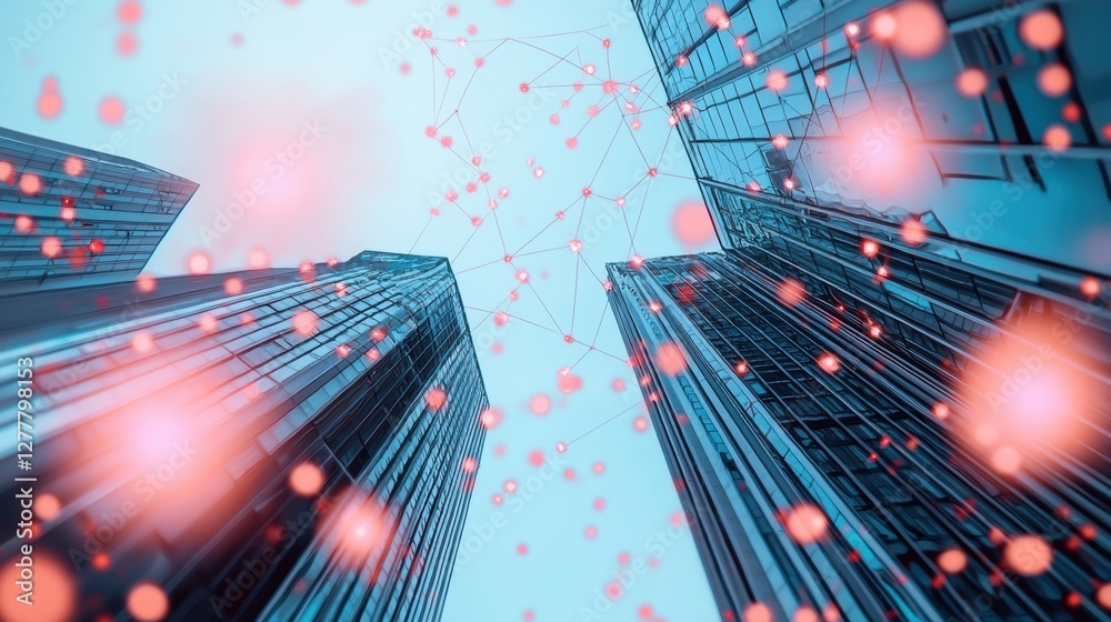 Poster a cityscape with interconnected devices and data streams flowing between buildings, illustrating the