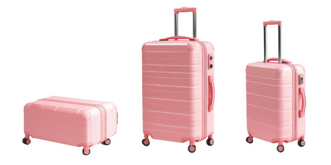 A pink suitcase shown from multiple angles on a white background.