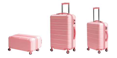 A pink suitcase shown from multiple angles on a white background.