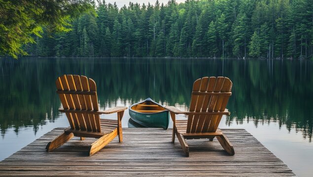 Lakeside Adirondack Chairs, Canoe, Calm Morning