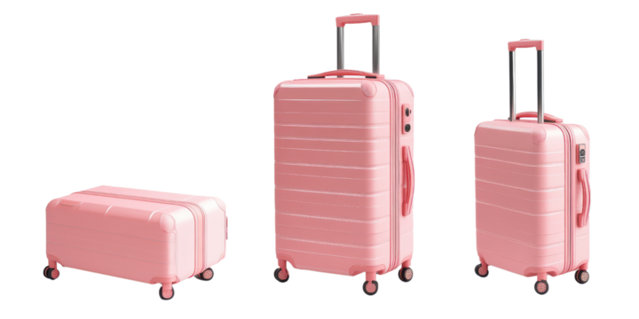 A pink suitcase shown from multiple angles on a white background.