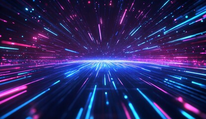 Obraz premium Abstract glowing neon lines speed through virtual space, future tech background
