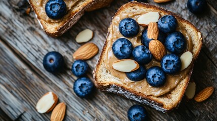 Fototapeta premium Creamy almond butter toast garnished with fresh blueberries and almond slivers, set on a rustic wooden surface