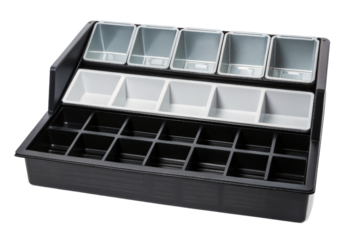 Black plastic parts organizer isolated with transparent background
