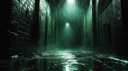 Fototapeta premium Mysterious Rainy Alleyway at Night with Neon Glow and Reflections on Wet Pavement in a Gritty Urban Setting