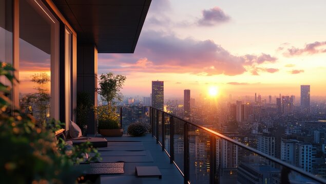 Modern balcony cityscape sunset view