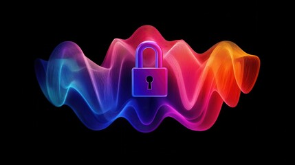 Digital Abstract Waveforms in Colorful Flow with Padlock Symbol for Security Concept