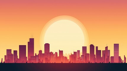 Fototapeta premium A panoramic cityscape at sunset with silhouettes of skyscrapers against a warm, orange sky, creating a dramatic and vibrant urban scene.
