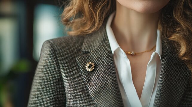 A woman wearing a stylish lapel pin on her jacket.