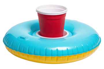 Inflatable drink holder with red cup floating on water isolated with transparent background