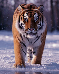 Obraz premium A Royal Bengal Tiger Looks Menacing in the Snow-Covered Forest. 