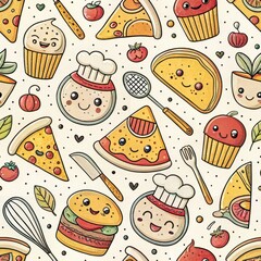 Delicious Food Illustrations Featuring Cute Characters Kitchen Environment Digital Art Whimsical Design Playful Theme