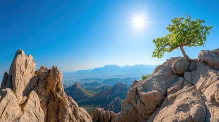 Naklejka premium A panoramic view of a mountain range with jagged peaks stretching across the horizon, emphasizing the grandeur and vastness of nature.