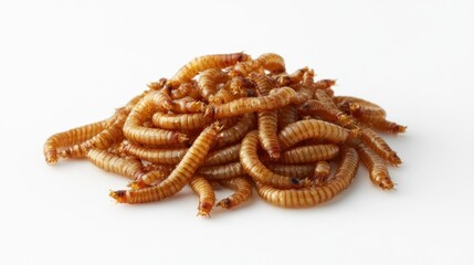 Roasted mealworms pile, white background, food photography, edible insects