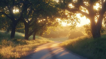 Obraz premium A peaceful sunrise illuminating a countryside road bordered by towering oak trees