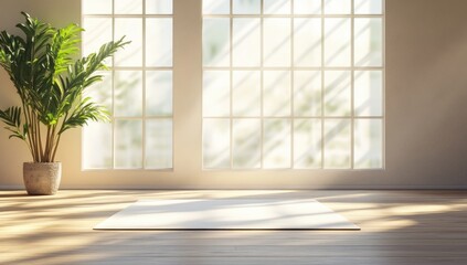 Fototapeta premium Empty room with rug, sunlight, and plants