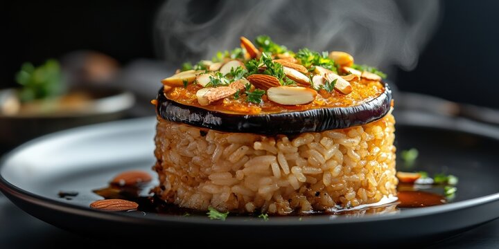 gourmet cuisine artistry, maqluba showcased with crispy top layer of eggplant and potatoes, garnished with almonds and parsley steaming dish with middle eastern tableware