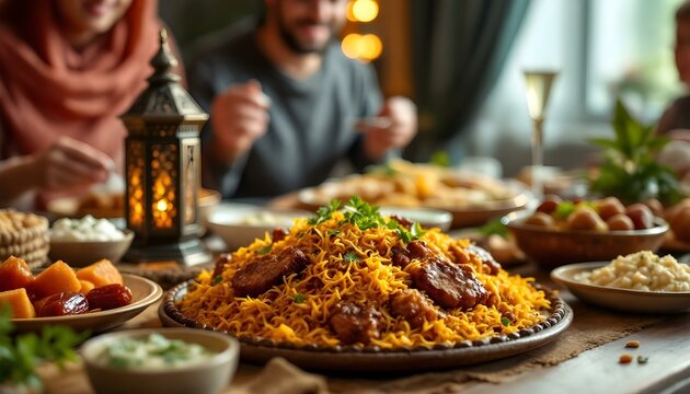 Muslim family sharing a meal of mutton biryani, raita, and gulab jamun, surrounded by Ramadan decorations and lanterns