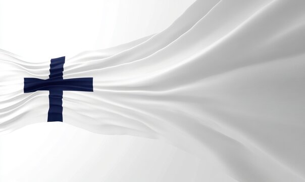 A flowing flag featuring a blue cross on a white background, symbolizing national identity and pride