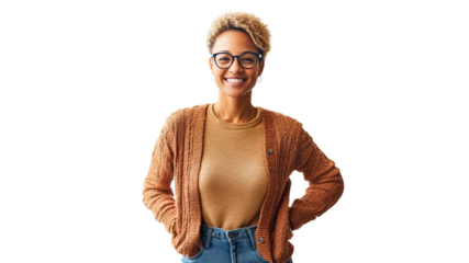 Cheerful woman in cozy sweater poses for camera
