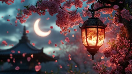 Obraz premium Glowing Lantern Under Cherry Blossom Tree at Night
