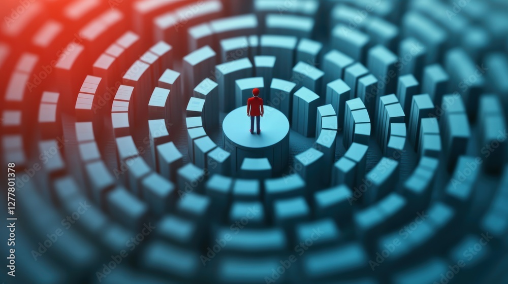 Poster a conceptual image of a labyrinth with a human figure at its center, surrounded by walls made of dat